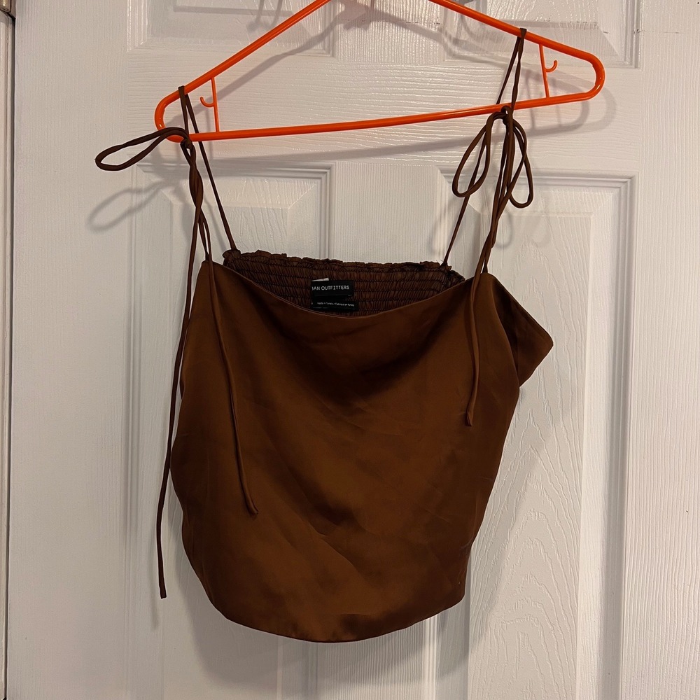 Urban Outfitters Brown Satin Cowl Neck Cami Top Smocked Back Tie Strap Womens